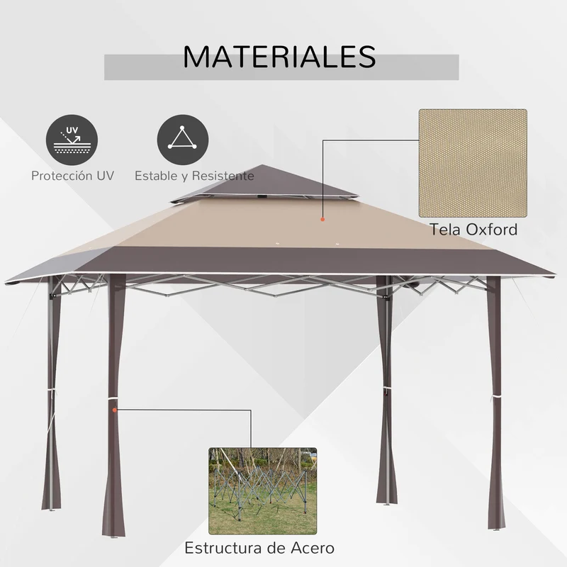Outsunny Cenador Plegable 4x4 m Carpa de jardín con Doble Techo Altura Ajustable con Bolsa de Transporte de Acero Tela Oxford Protección UV para Fiestas Bodas Caqui y Café