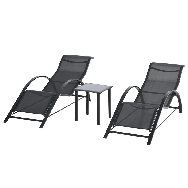 Outsunny Set de 2 Tumbonas Jardín Exterior con Mesa Auxiliar de Vidrio Templado Tumbonas con Respaldo Reposabrazos para Patio Piscina Terraza Exterior Negro