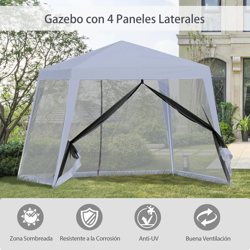 Outsunny Carpa de Jardín 3x3 m Cenador con 4 Partes Laterales Mosquitera con Cremallera Protección UV Impermeable para Patio Exterior Eventos Fiesta Gris