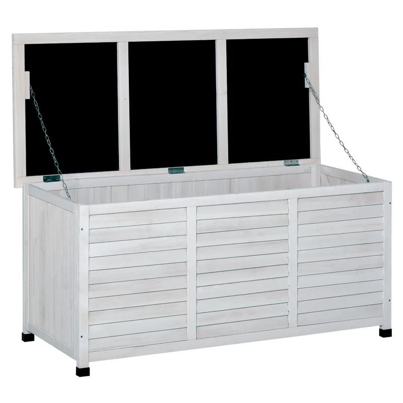 Outsunny Baúl de Almacenaje Exterior 284L Arcón de Jardín de Madera Impermeable con Tapa Abrible y Diseño Persiana 127x56x60 cm Blanco