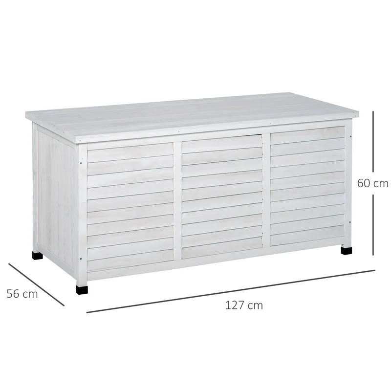 Outsunny Baúl de Almacenaje Exterior 284L Arcón de Jardín de Madera Impermeable con Tapa Abrible y Diseño Persiana 127x56x60 cm Blanco