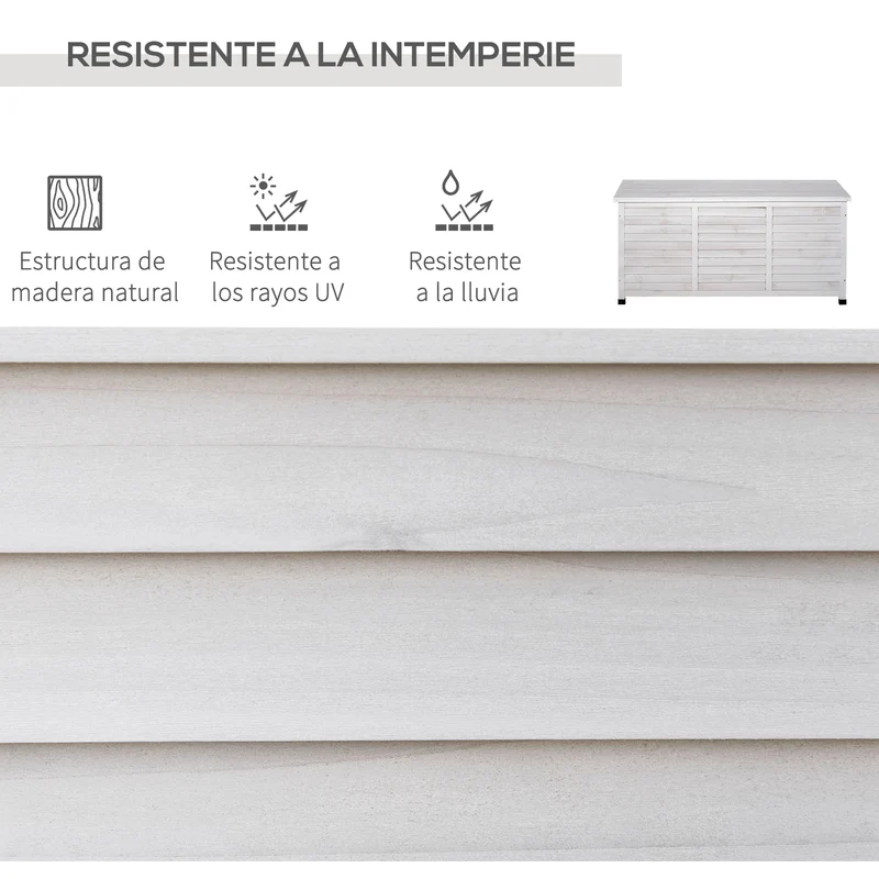 Outsunny Baúl de Almacenaje Exterior 284L Arcón de Jardín de Madera Impermeable con Tapa Abrible y Diseño Persiana 127x56x60 cm Blanco