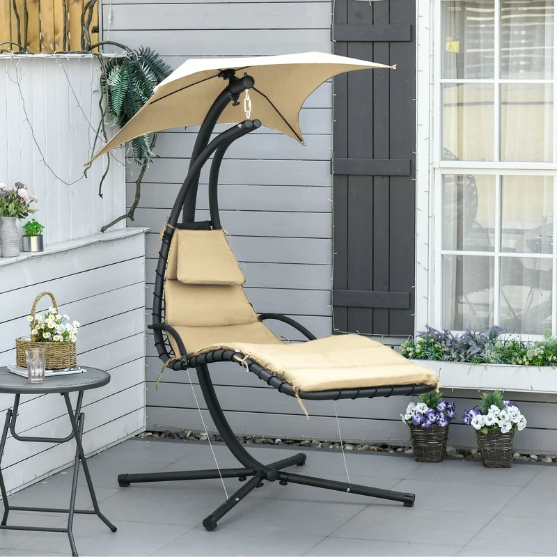 Outsunny Silla Colgante con Soporte Sillón Colgante con Toldo Cojín Estructura Metálica Antivuelco Carga 100 kg para Jardín Patio Terraza 190x110x190 cm Beige