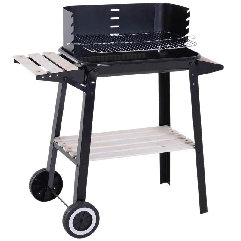 Outsunny Barbacoa de Carbón Vegetal Parrillas Asador BBQ de Picnic Altura de Parrillas Ajustables con Estantes y Ruedas Facil Mover para Jardín Exterior Acampada 83x37x87 cm