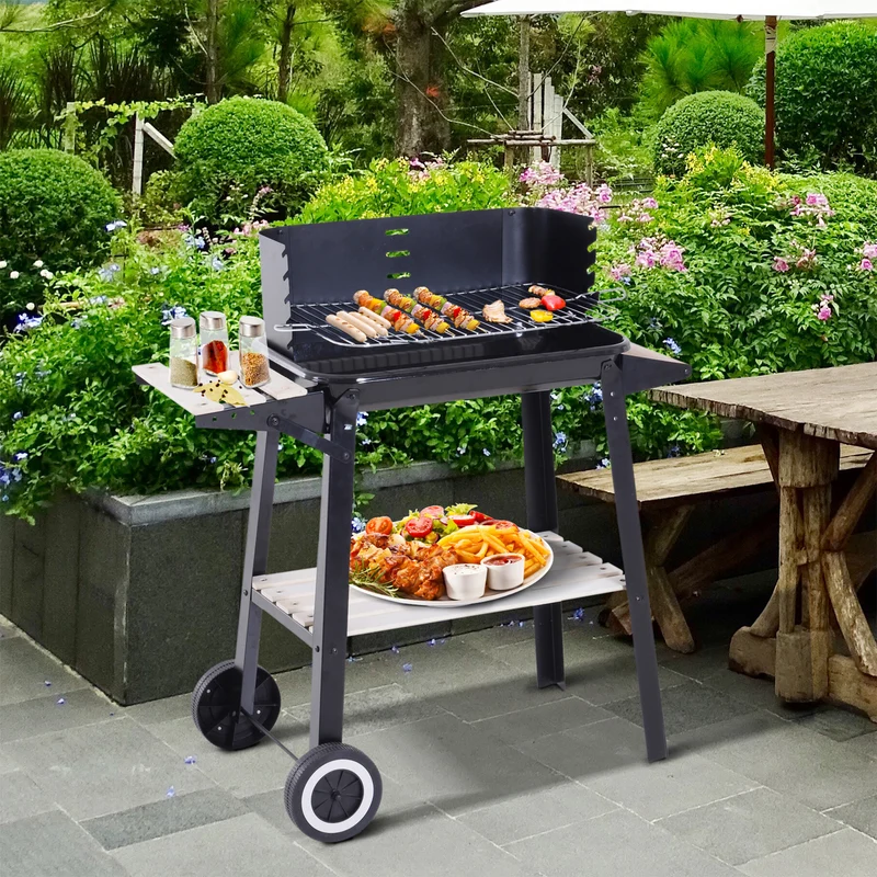 Outsunny Barbacoa de Carbón Vegetal Parrillas Asador BBQ de Picnic Altura de Parrillas Ajustables con Estantes y Ruedas Facil Mover para Jardín Exterior Acampada 83x37x87 cm
