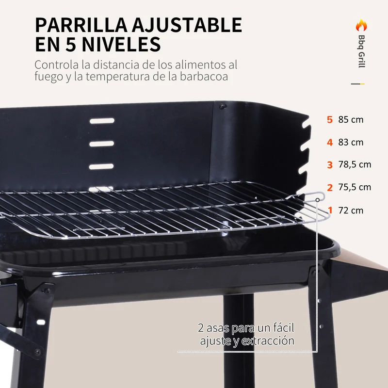Outsunny Barbacoa de Carbón Vegetal Parrillas Asador BBQ de Picnic Altura de Parrillas Ajustables con Estantes y Ruedas Facil Mover para Jardín Exterior Acampada 83x37x87 cm