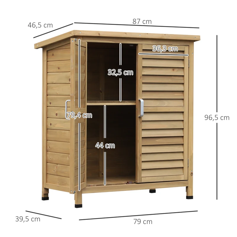 Outsunny Cobertizo de Almacenamiento de Madera para Jardín 87x46,5x96,5 cm con 2 Estantes Interiores 2 puertas de Buena Ventilación y Techo Inclinado para Exterior Terreza Natural