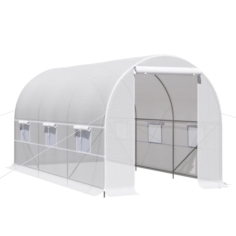 Outsunny Invernadero de Exterior 4x2x2 m Invernadero de Túnel con 6 Ventanas de Malla y Puerta Enrollable con Cremallera Invernadero de Huerto Anti-UV para Patio Jardín Blanco