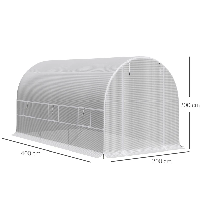 Outsunny Invernadero de Exterior 4x2x2 m Invernadero de Túnel con 6 Ventanas de Malla y Puerta Enrollable con Cremallera Invernadero de Huerto Anti-UV para Patio Jardín Blanco