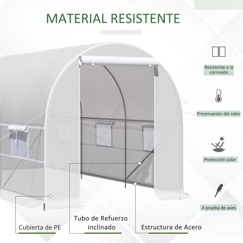 Outsunny Invernadero de Exterior 4x2x2 m Invernadero de Túnel con 6 Ventanas de Malla y Puerta Enrollable con Cremallera Invernadero de Huerto Anti-UV para Patio Jardín Blanco