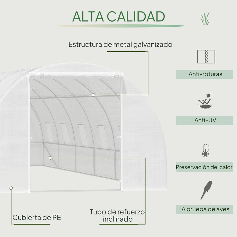 Outsunny Invernadero de Exterior Invernadero de Túnel 8x3x2 m Invernadero de Jardín con 12 Ventanas y Puerta Enrollable para Cultivo Plantas Tomates Verduras Acero y PE 140 g/m² Blanco