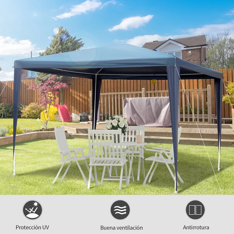 Outsunny Carpa Desmontable Impermeable 2,95x2,95x2,45m Pabellón de Jardín de Tubo de Acero Pérgola de Color Azul Oscuro
