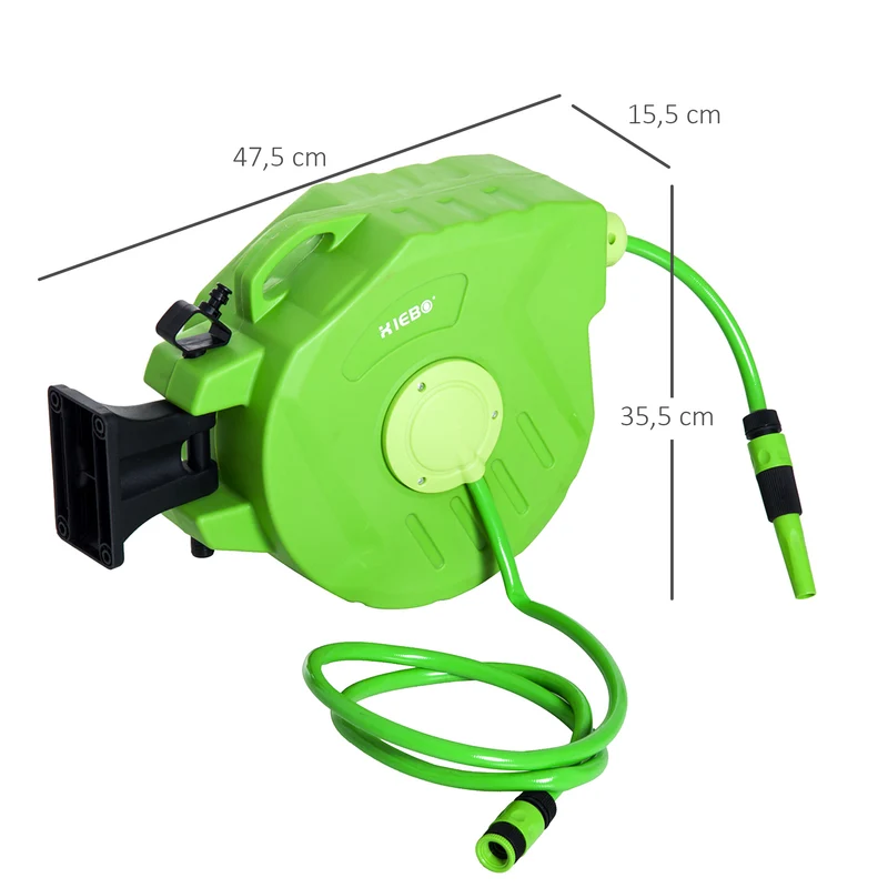 Outsunny Carrete para Manguera 20M+2M Soporte Mural Portamanguera Roll-up Automático con Pistola de Pulverización Base de Pared Conector de Manguera para Jardín Terraza