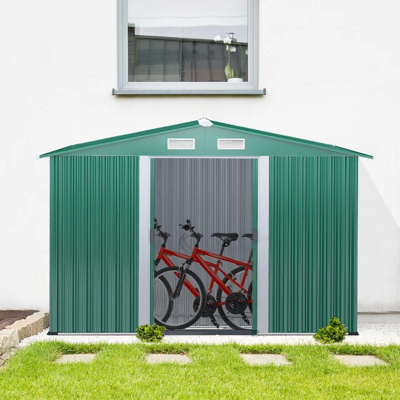 Outsunny Caseta de Jardín Exterior 258x206x178 cm 5,3m² Cobertizo de Jardín Exterior con Base Puertas Correderas y Ventilaciones para Almacenamiento de Herramientas Jardinería Verde