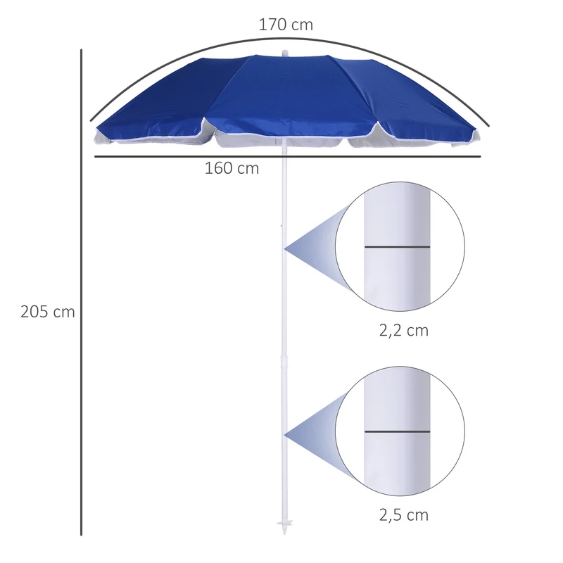 Outsunny Sombrilla de Playa Grande Ø160 cm Sombrilla de Terraza Exterior con Ángulo Ajustable Protección UV Impermeable y Bolsa de Transporte Azul