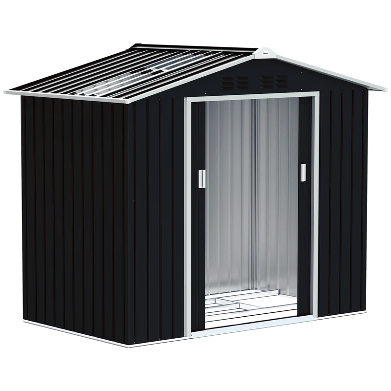 Outsunny Cobertizo de Jardín 2,42m² con Base de Refuerzo Sin Suelo 213x130x185 cm Caseta de Jardín Exterior con Puertas Correderas Claraboya 4 Ventanas para Almacenamiento de Herramientas Gris Oscuro