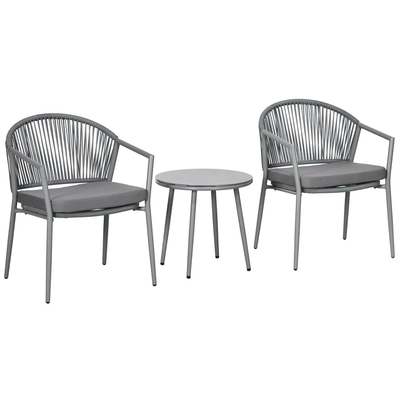 Outsunny Conjunto de Jardín Exterior de 3 Piezas Juego de 2 Sillas y Mesa de Ratán con Cojines Acolchados y Encimera de Vidrio para Balcón Terraza Gris