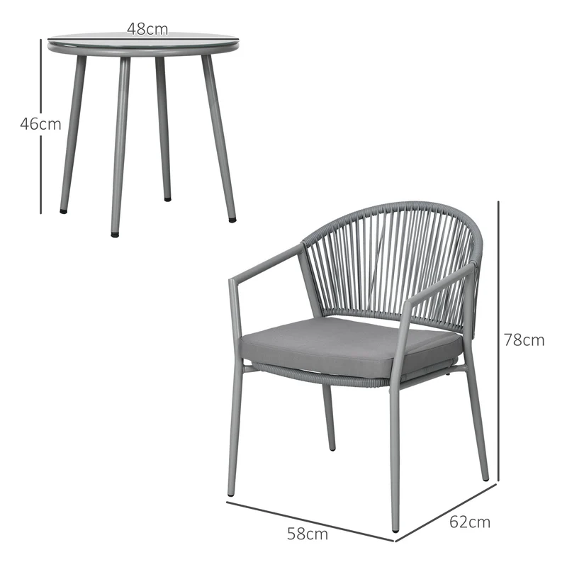 Outsunny Conjunto de Jardín Exterior de 3 Piezas Juego de 2 Sillas y Mesa de Ratán con Cojines Acolchados y Encimera de Vidrio para Balcón Terraza Gris