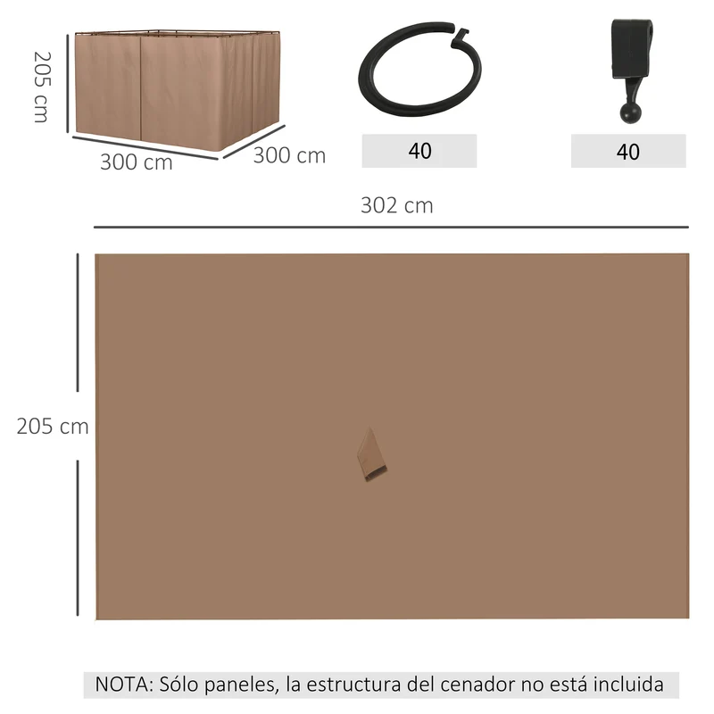 Outsunny 4 Paredes Laterales para Cenador 3x2 m Laterales de Carpa con Ganchos Cortinas sin Ventanas Reemplazo Lateral para Carpa de Jardín Exterior Fiesta Marrón
