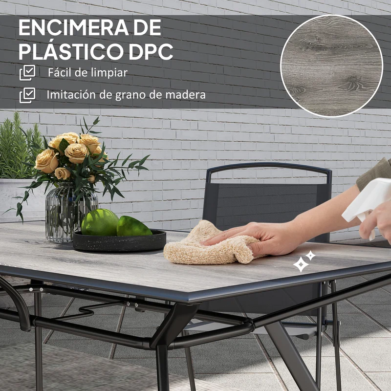Outsunny Mesa de Jardín Exterior Mesa de Comedor Exterior con Encimera Imitación Madera y Estructura de Acero Carga 70 kg Mesa Rectangular para 6 Personas para Patio Terraza Gris