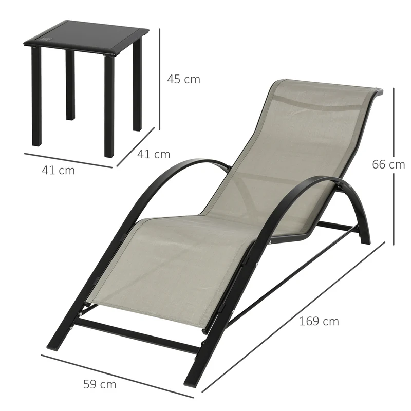 Outsunny Set de 2 Tumbonas Jardín Exterior con Mesa Auxiliar de Vidrio Templado Tumbonas con Respaldo Reposabrazos para Patio Piscina Terraza Exterior Gris