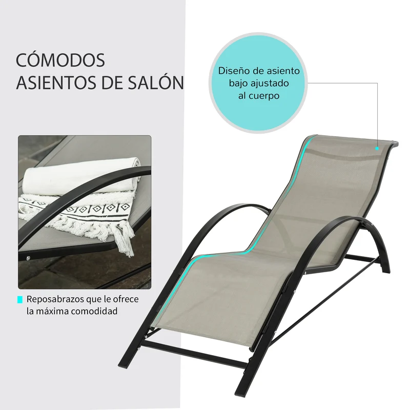 Outsunny Set de 2 Tumbonas Jardín Exterior con Mesa Auxiliar de Vidrio Templado Tumbonas con Respaldo Reposabrazos para Patio Piscina Terraza Exterior Gris