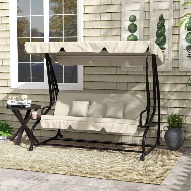 Outsunny Balancín de Jardín Exterior de 3 Plazas Columpio de Jardín Exterior Convertible en Cama con Toldo Ajustable Soportes Laterales y 2 Almohadas Carga 340 kg 200x120x164 cm Crema