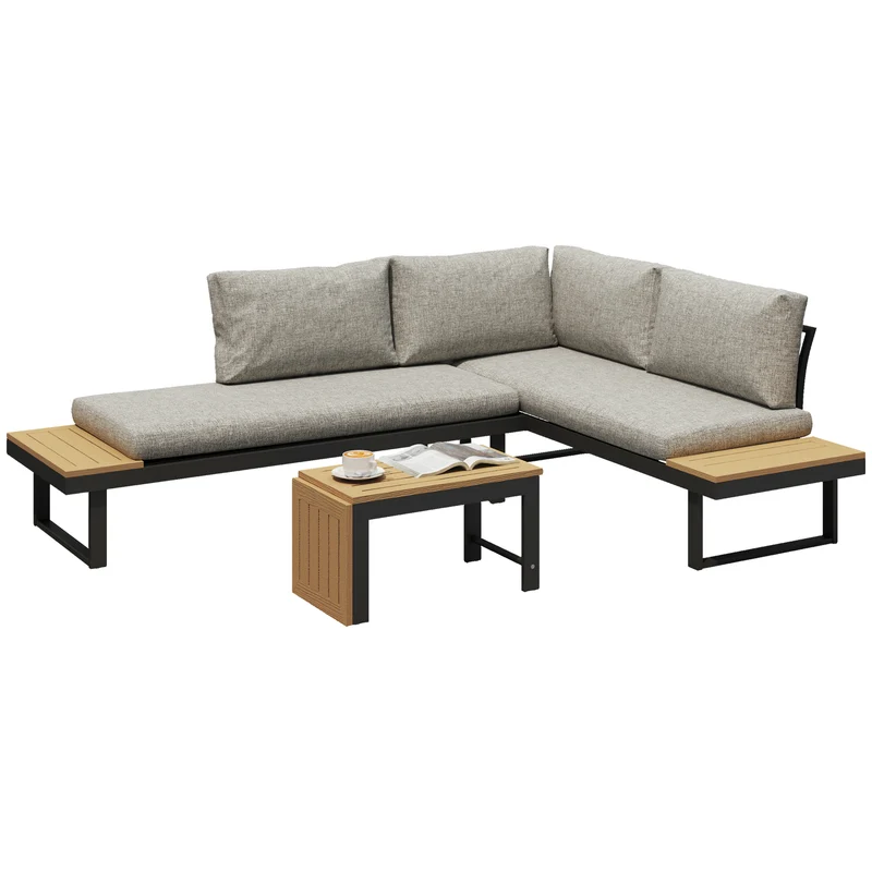 Outsunny Conjunto de Jardín Exterior de 3 Piezas Muebles Jardín Exterior con 2 Sofá de 2 Plazas y Mesa de Centro Versátil Conjunto de Sofá de Exterior con Estructura de Aluminio y Cojines Gris