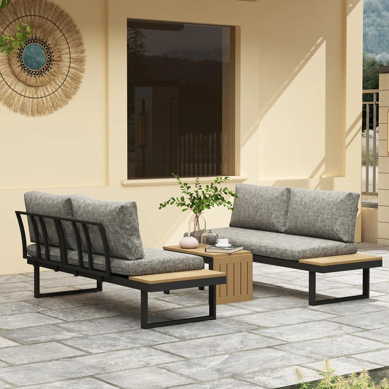 Outsunny Conjunto de Jardín Exterior de 3 Piezas Muebles Jardín Exterior con 2 Sofá de 2 Plazas y Mesa de Centro Versátil Conjunto de Sofá de Exterior con Estructura de Aluminio y Cojines Gris