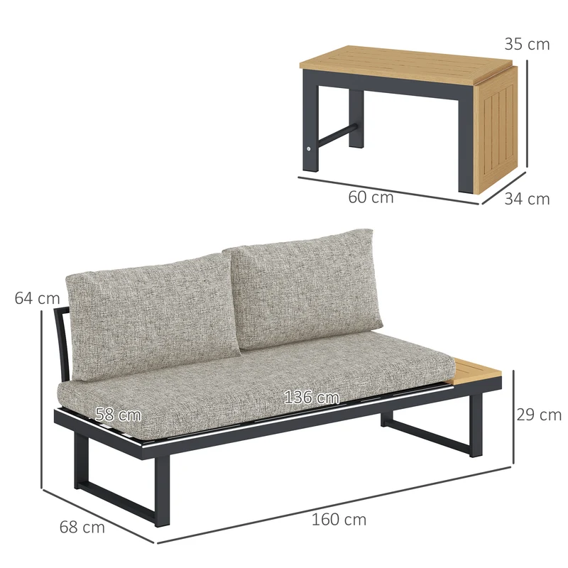 Outsunny Conjunto de Jardín Exterior de 3 Piezas Muebles Jardín Exterior con 2 Sofá de 2 Plazas y Mesa de Centro Versátil Conjunto de Sofá de Exterior con Estructura de Aluminio y Cojines Gris