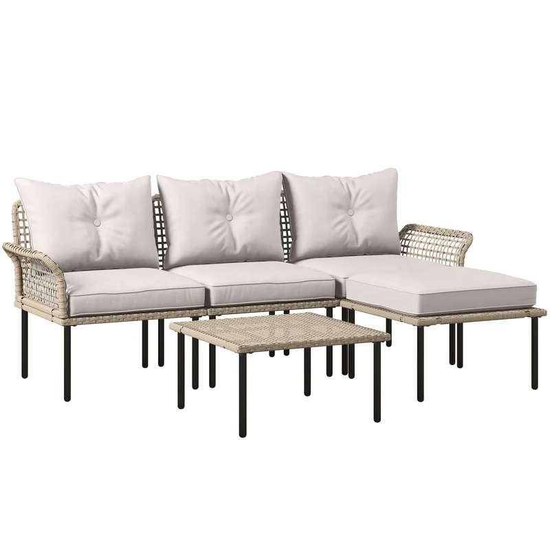 Outsunny Conjunto de Jardín Exterior de Ratán Sintético de 5 Piezas Muebles de Jardín Exterior Incluye 2 Sofás Esquineras 1 Sofá de Exterior 1 Taburete 1 Mesa de Centro con Cojines Crema