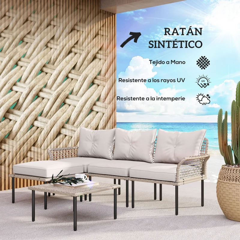 Outsunny Conjunto de Jardín Exterior de Ratán Sintético de 5 Piezas Muebles de Jardín Exterior Incluye 2 Sofás Esquineras 1 Sofá de Exterior 1 Taburete 1 Mesa de Centro con Cojines Crema