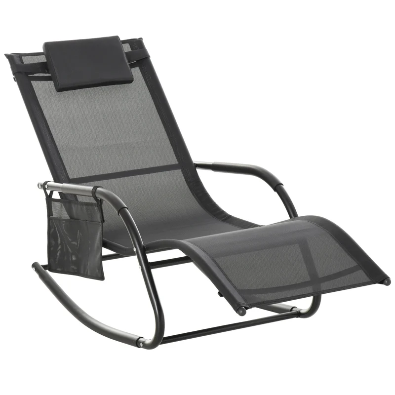 Outsunny Mecedora de Exterior Tumbona Mecedora con Reposabrazos Reposacabezas Acolchado y Bolsillo Lateral Carga 120 kg para Jardín Terraza Patio 150x62x88 cm Negro