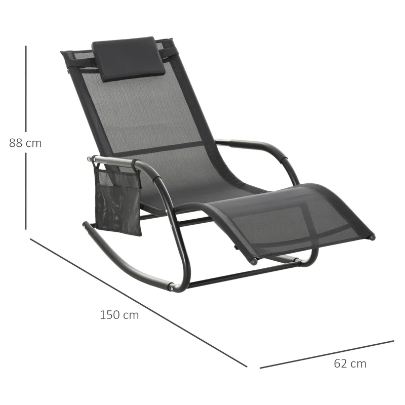 Outsunny Mecedora de Exterior Tumbona Mecedora con Reposabrazos Reposacabezas Acolchado y Bolsillo Lateral Carga 120 kg para Jardín Terraza Patio 150x62x88 cm Negro