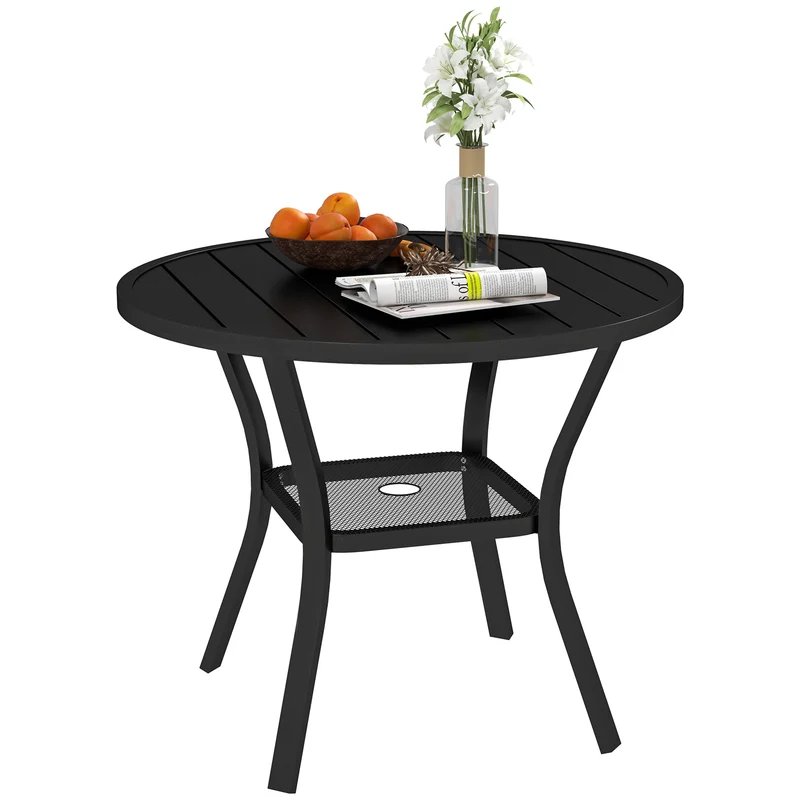 Outsunny Mesa de Jardín Exterior con Orificio para Sombrilla Mesa de Comedor Exterior Redonda con Encimera de Metal Estante Inferior y Estructura de Acero para Patio Terraza Ø90x73 cm Negro