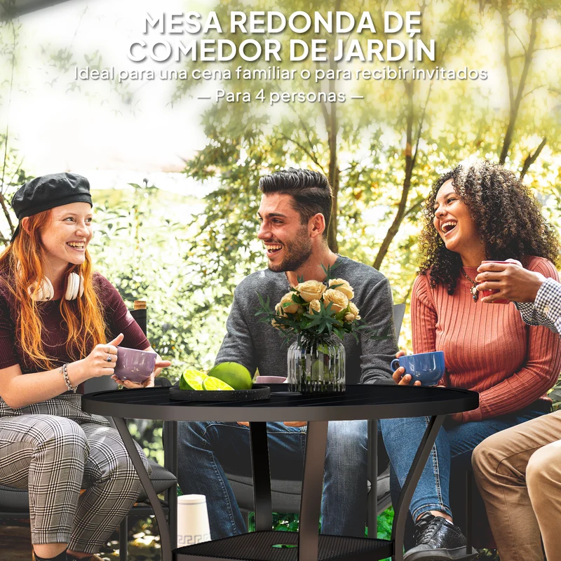Outsunny Mesa de Jardín Exterior con Orificio para Sombrilla Mesa de Comedor Exterior Redonda con Encimera de Metal Estante Inferior y Estructura de Acero para Patio Terraza Ø90x73 cm Negro