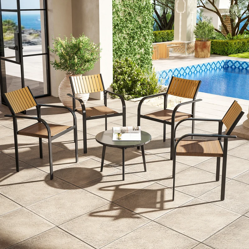 Outsunny Juego de 4 Sillas de Jardín Exterior Sillas Terraza Exterior Apilables Sillón de Comedor con Tela Transpirable Marco de Acero Reposabrazos y Respaldo 58x65x85 cm Marrón