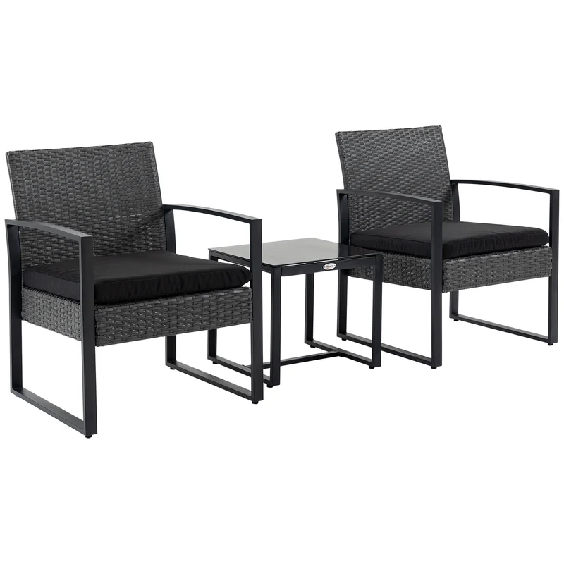 Outsunny Conjunto de Jardín Exterior de 3 Piezas Juego de 2 Sillas y Mesa de Ratán con Cojines Acolchados y Encimera de Vidrio para Balcón Terraza Gris y Negro