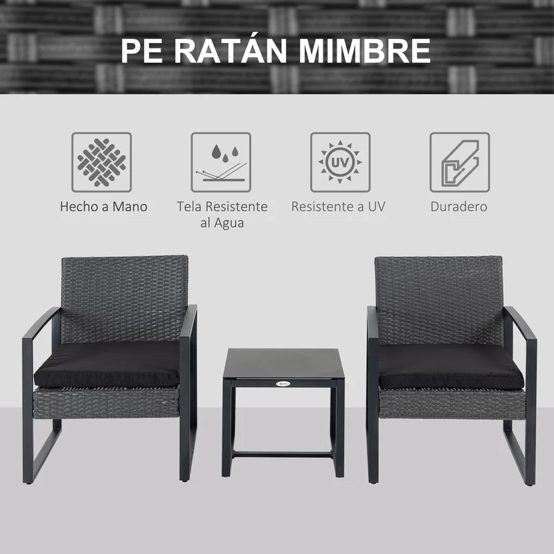 Outsunny Conjunto de Jardín Exterior de 3 Piezas Juego de 2 Sillas y Mesa de Ratán con Cojines Acolchados y Encimera de Vidrio para Balcón Terraza Gris y Negro