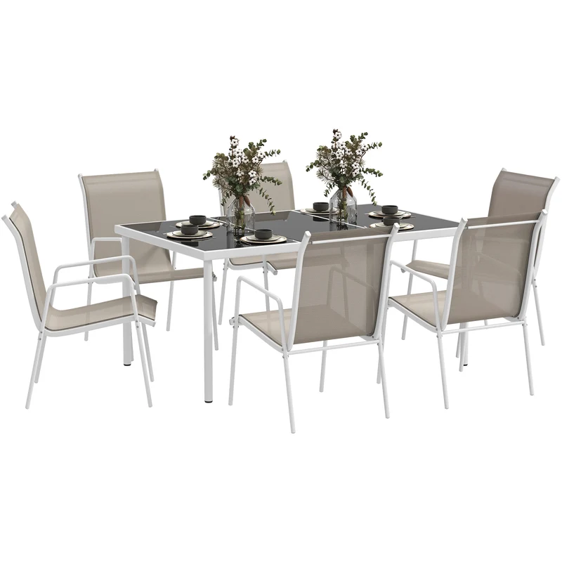 Outsunny Conjunto de Comedor de Exterior Juego de Comedor de Jardín de 7 Piezas con 1 Mesa 6 Sillas Apilables y Marco de Acero para Terraza Patio Blanco y Gris