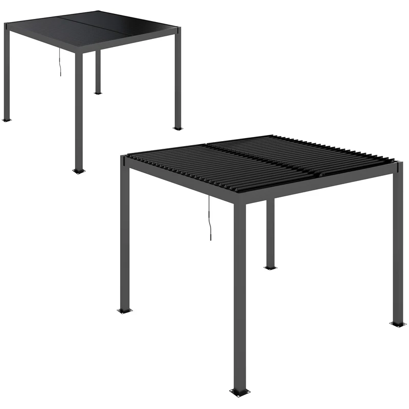 Outsunny Pérgola de Aluminio 3x3 m Cenador de Jardín Gazebo con Techo de Lamas Ajustable y Sistema de Drenaje Impermeable Anti-UV Pabellón para Patio Terraza Balcón Gris Oscuro