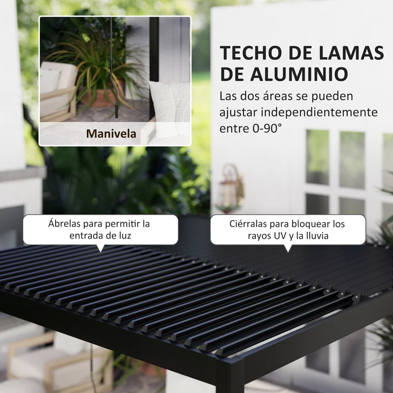 Outsunny Pérgola de Aluminio 3x3 m Cenador de Jardín Gazebo con Techo de Lamas Ajustable y Sistema de Drenaje Impermeable Anti-UV Pabellón para Patio Terraza Balcón Gris Oscuro