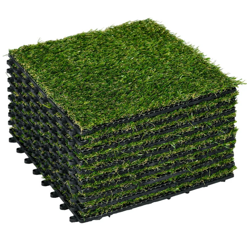Outsunny Césped Artificial de 10 Piezas Alfombra Césped Artificial 30x30 cm con Altura de Hierba 20 mm Anti-UV Césped Sintético para Jardín Patio Balcón Verde Oscuro