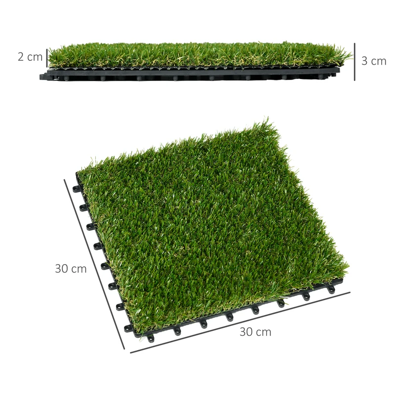 Outsunny Césped Artificial de 10 Piezas Alfombra Césped Artificial 30x30 cm con Altura de Hierba 20 mm Anti-UV Césped Sintético para Jardín Patio Balcón Verde Oscuro