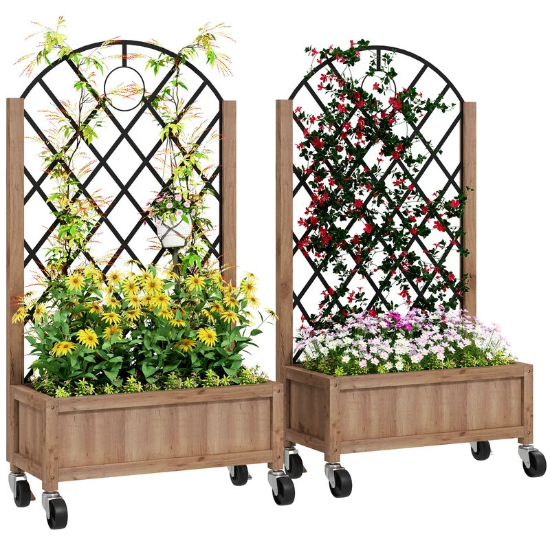 Outsunny Juego de 2 Jardineras de Exterior Jardineras con Enrejado Metálico para Plantas Trepadoras Maceteros con Ruedas para Jardín Patio 52x25x97 cm Natural