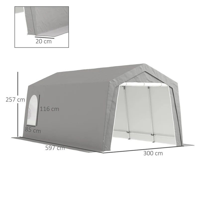 Outsunny Cobertizo Jardín Exterior 300x597x257 cm Carpa con Puerta Enrollable con Cremallera Impermeable Tienda de Almacenamiento en Garaje Exterior para Motos Bicicletas Herramientas de Jardín Gris