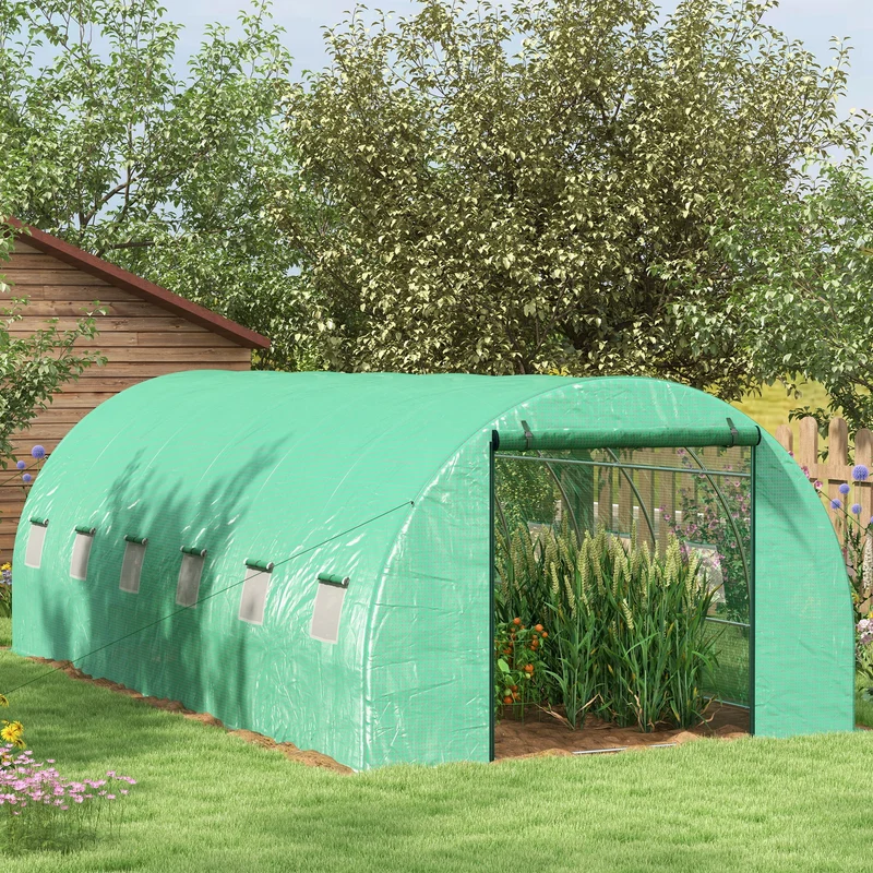 Outsunny Invernadero de Exterior 6x3x2 m Invernadero de Túnel con Sistema de Riego Integrado 12 Ventanas con Malla y 1 Puerta Enrollable Invernadero para Jardín Patio Verde