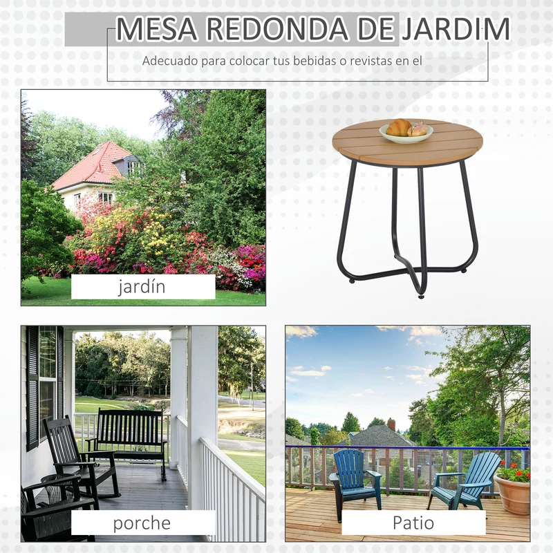 Outsunny Mesa Auxiliar Redonda Mesa de Jardín Exterior con Diseño de Listones y Patas Ajustables Mesa para Exterior Terraza Patio Ø49x48 cm Natural y Negro