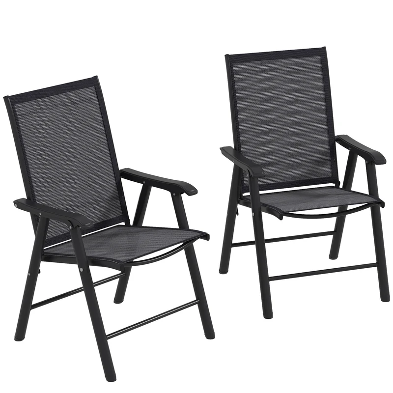 Outsunny Juego de 2 Sillas de Camping Plegables Sillas Plegables de Jardín Exterior Acolchadas en Malla con Marco de Acero y Reposabrazos Carga 110 kg para Terraza Playa 58x64x94 cm Gris Oscuro