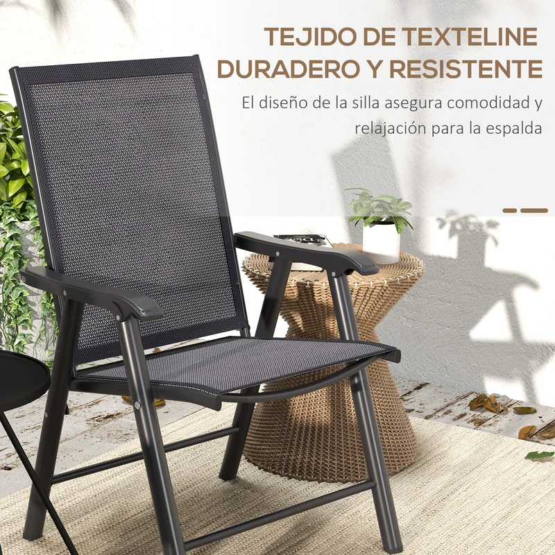 Outsunny Juego de 2 Sillas de Camping Plegables Sillas Plegables de Jardín Exterior Acolchadas en Malla con Marco de Acero y Reposabrazos Carga 110 kg para Terraza Playa 58x64x94 cm Gris Oscuro